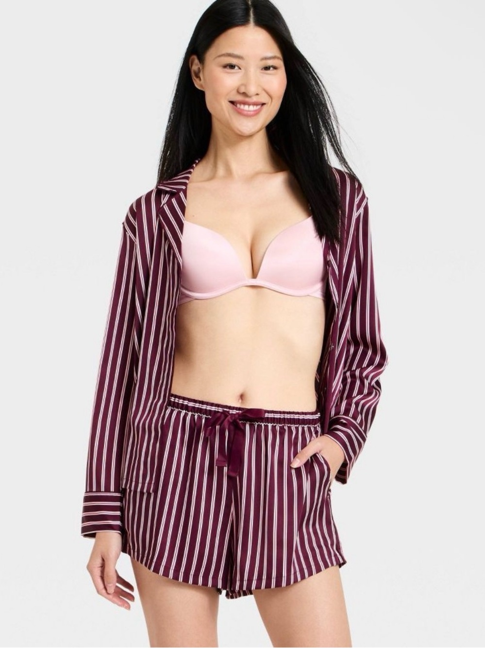 Women’s Satin Stripe Pajama Set - Pink Bra & Burgundy Stripe Shorts
